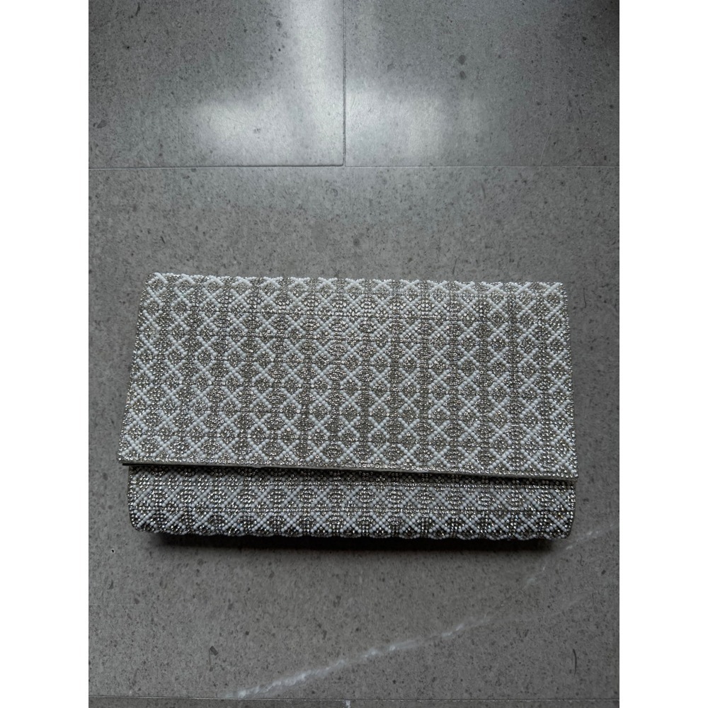 Starlet Silver Beaded Geometric Envelope Clutch Bag Faux Pearl Snakeskin Evening